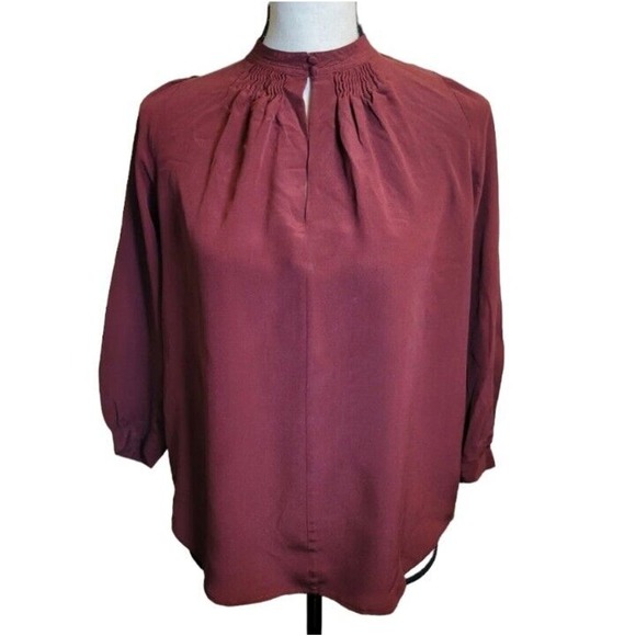 Madewell Silk Memory Hand Stitched Victorian Smocked 3/4 Sleeve Dark Red XS - Picture 1 of 7